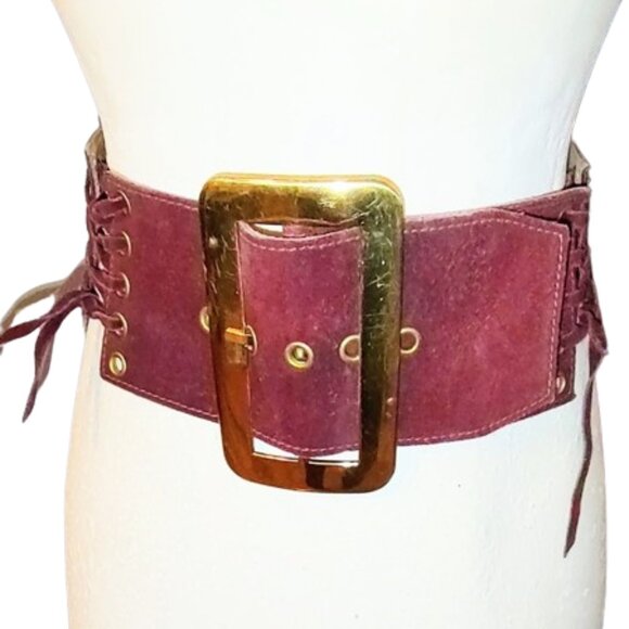 1960s Vintage Burgundy Wide Suede Leather Corset Belt Side Lacings & Big Buckle - Picture 2 of 5